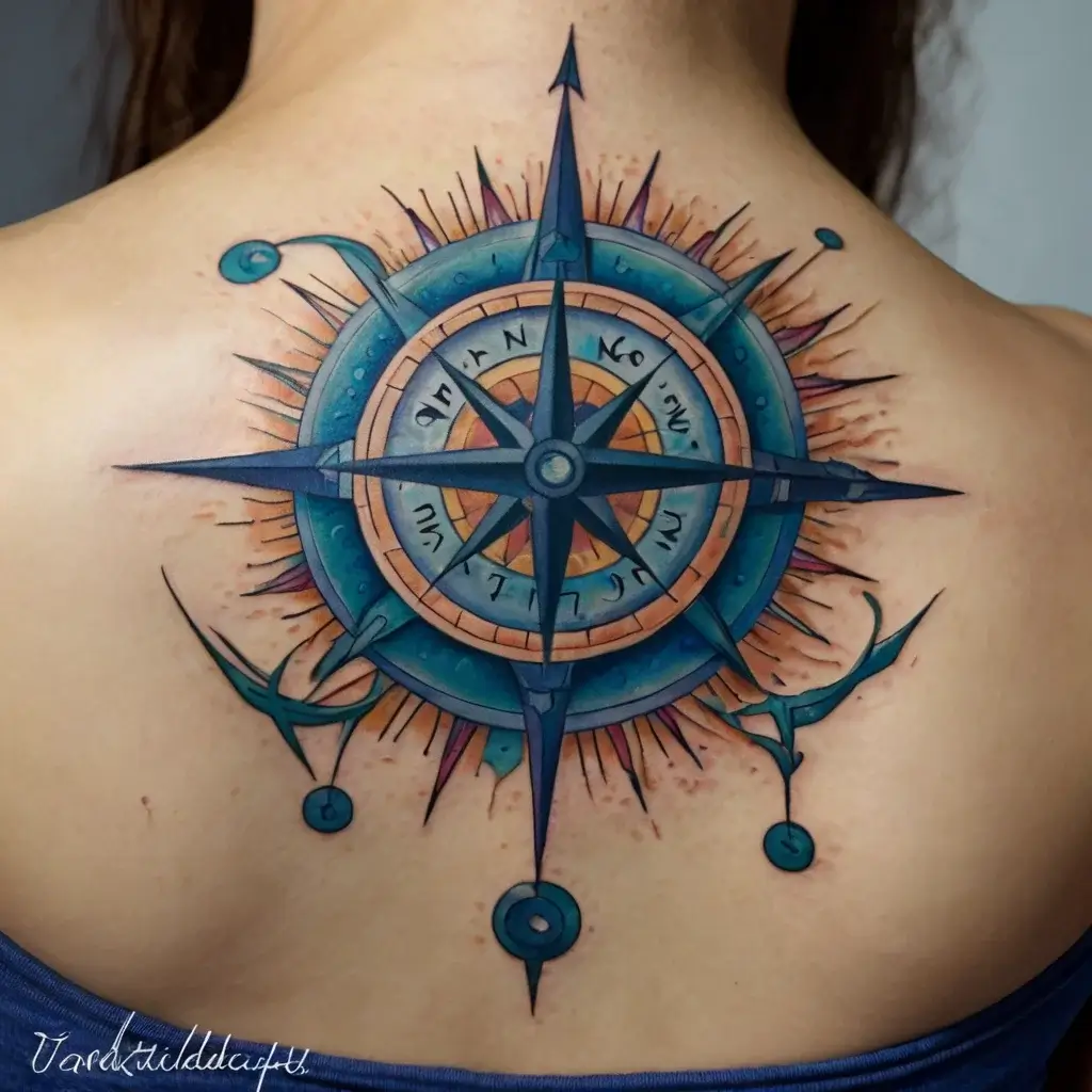 Colorful compass rose tattoo with blue and orange tones, featuring Hebrew letters around the center.