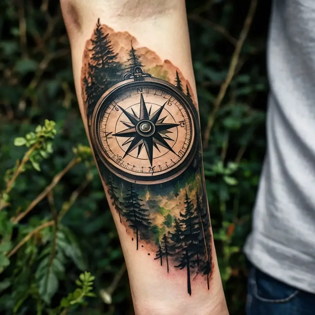 Realistic compass tattoo with detailed black and grey shading, set against a background of lush watercolor-style pine trees.