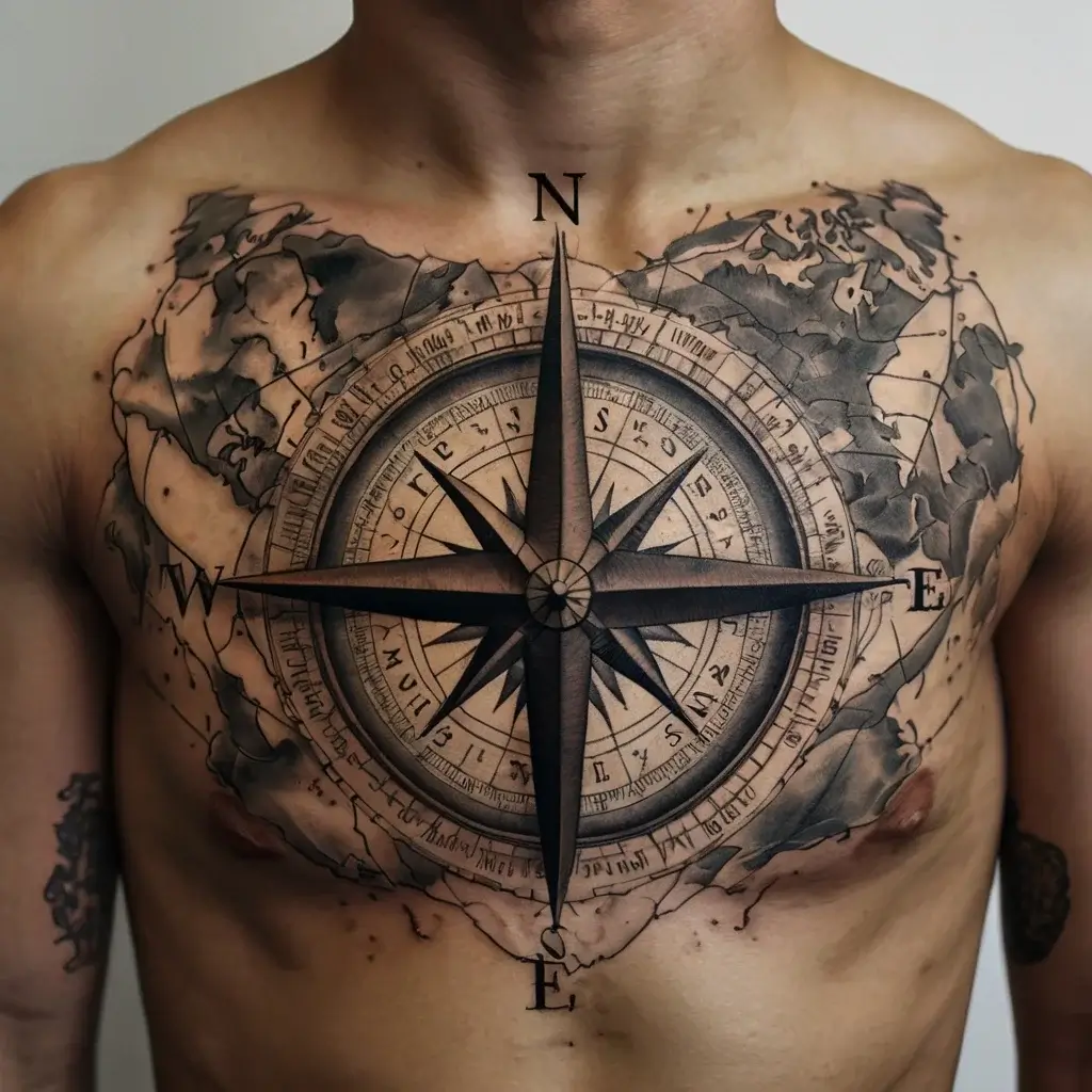 Detailed compass tattoo on chest, surrounded by a world map, blending realism and geometric precision.