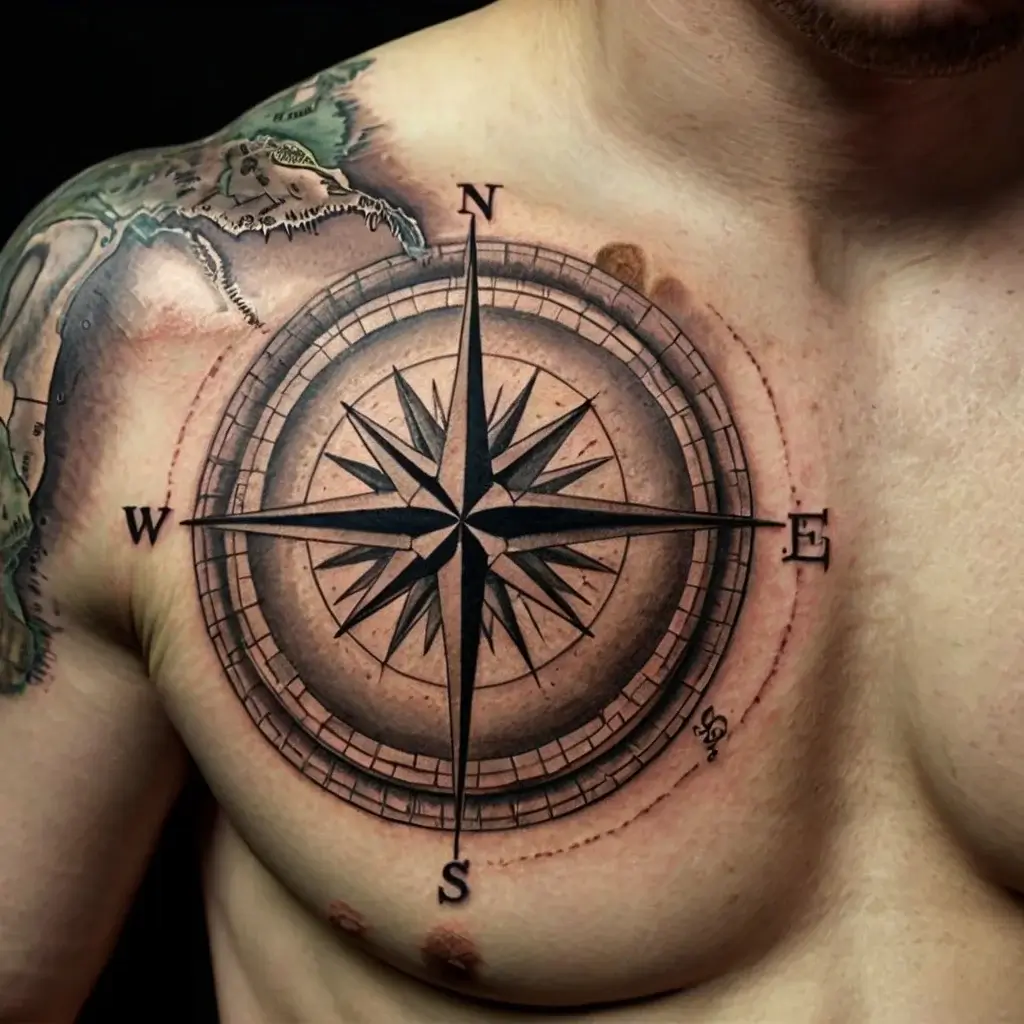 Tattoo of a detailed compass rose on the chest, with a map extending over the shoulder, symbolizing guidance and exploration.