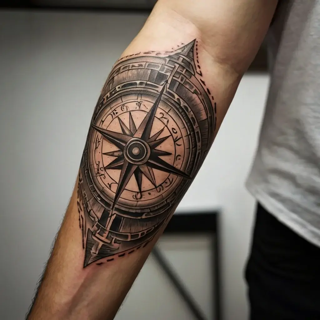 Realistic compass tattoo with intricate shading and fine details, symbolizing direction and adventure on the forearm.