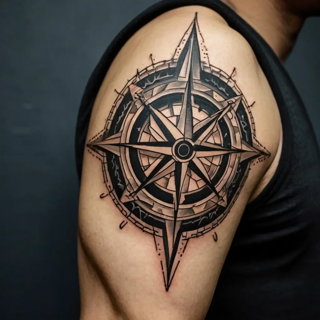 Compass rose tattoo on upper arm, featuring intricate geometric patterns and shading, symbolizing guidance and direction.