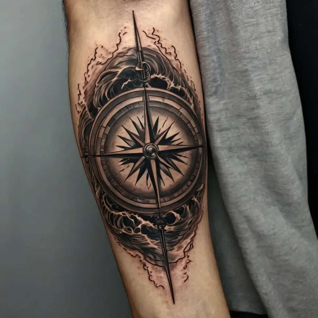 Realistic compass tattoo with intricate shading and a swirling background, symbolizing guidance and exploration.