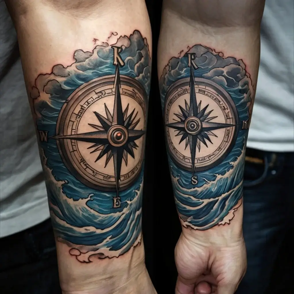 Two forearm tattoos of compasses with bold black needles, surrounded by dynamic ocean waves in shades of blue and gray.
