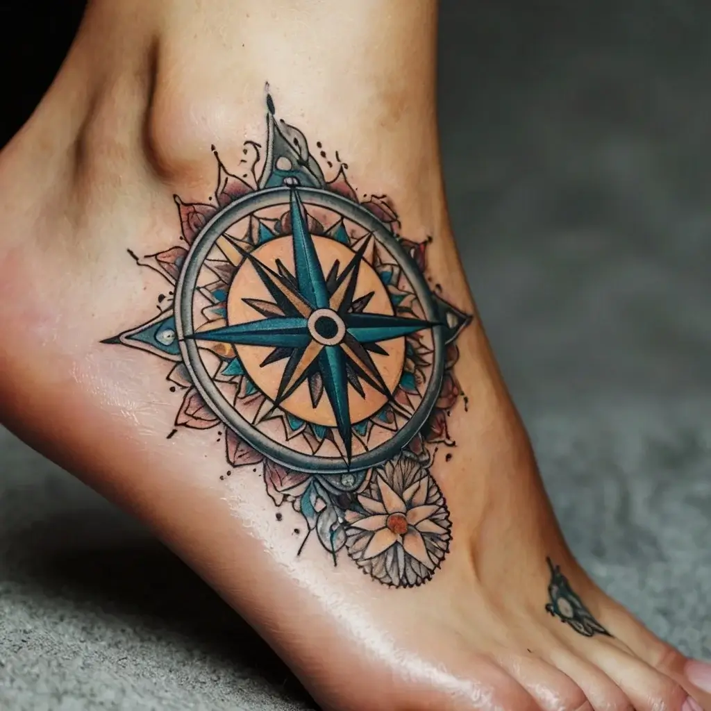 A vibrant compass tattoo on the foot, featuring intricate mandala patterns and floral designs in blue and brown hues.