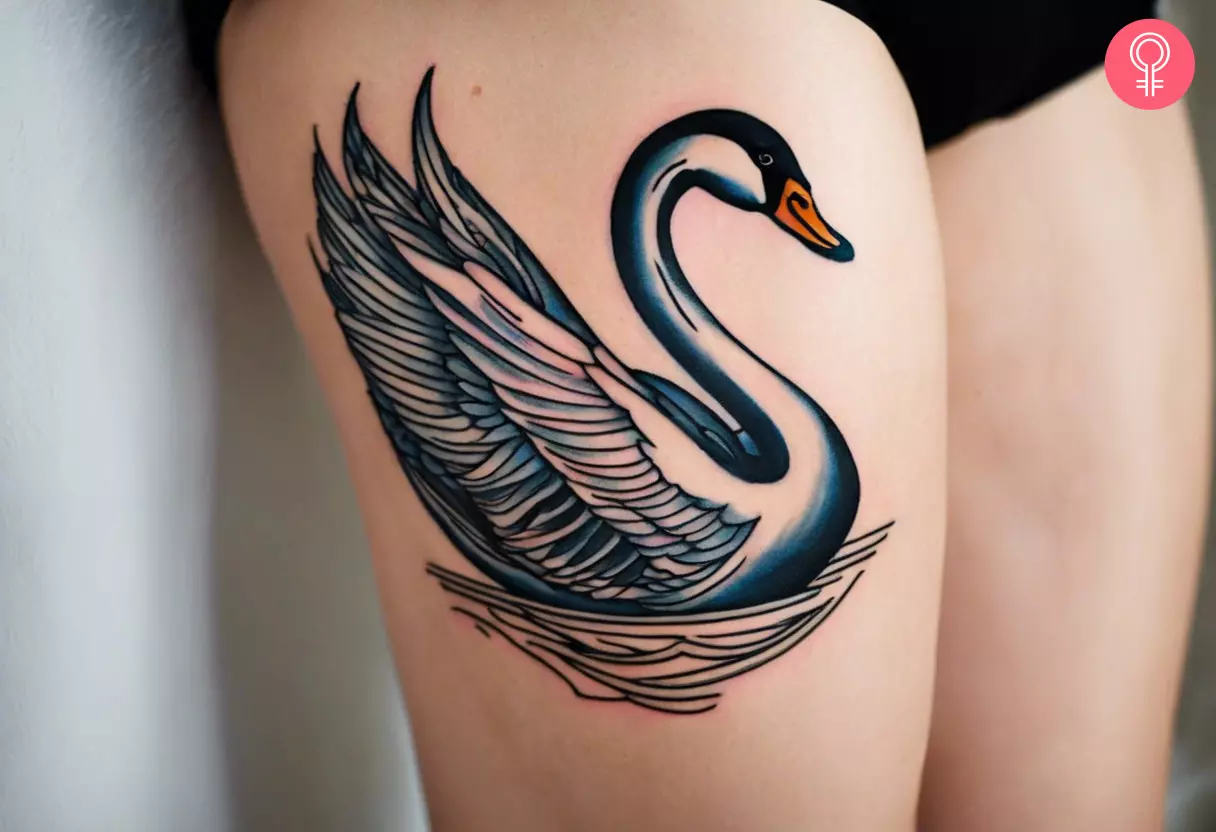 Traditional swan tattoo on the thigh
