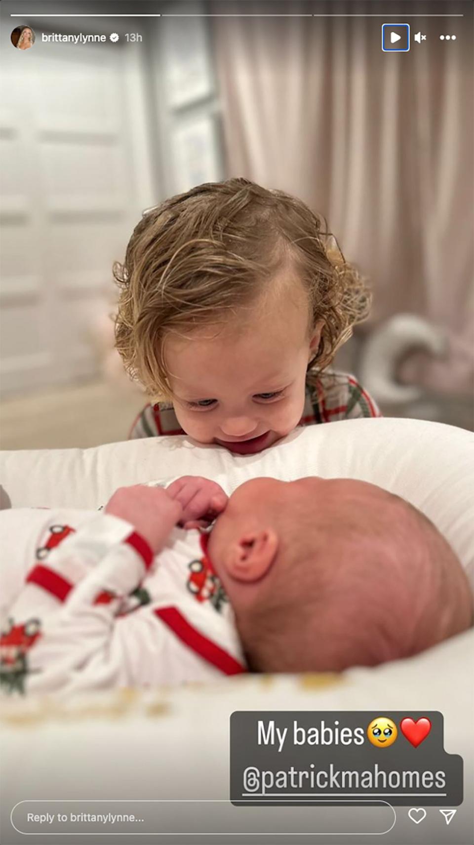 Brittany Mahomes Shares Snap of Daughter Sterling Fawning Over Brother Bronze in Christmas Pajamas