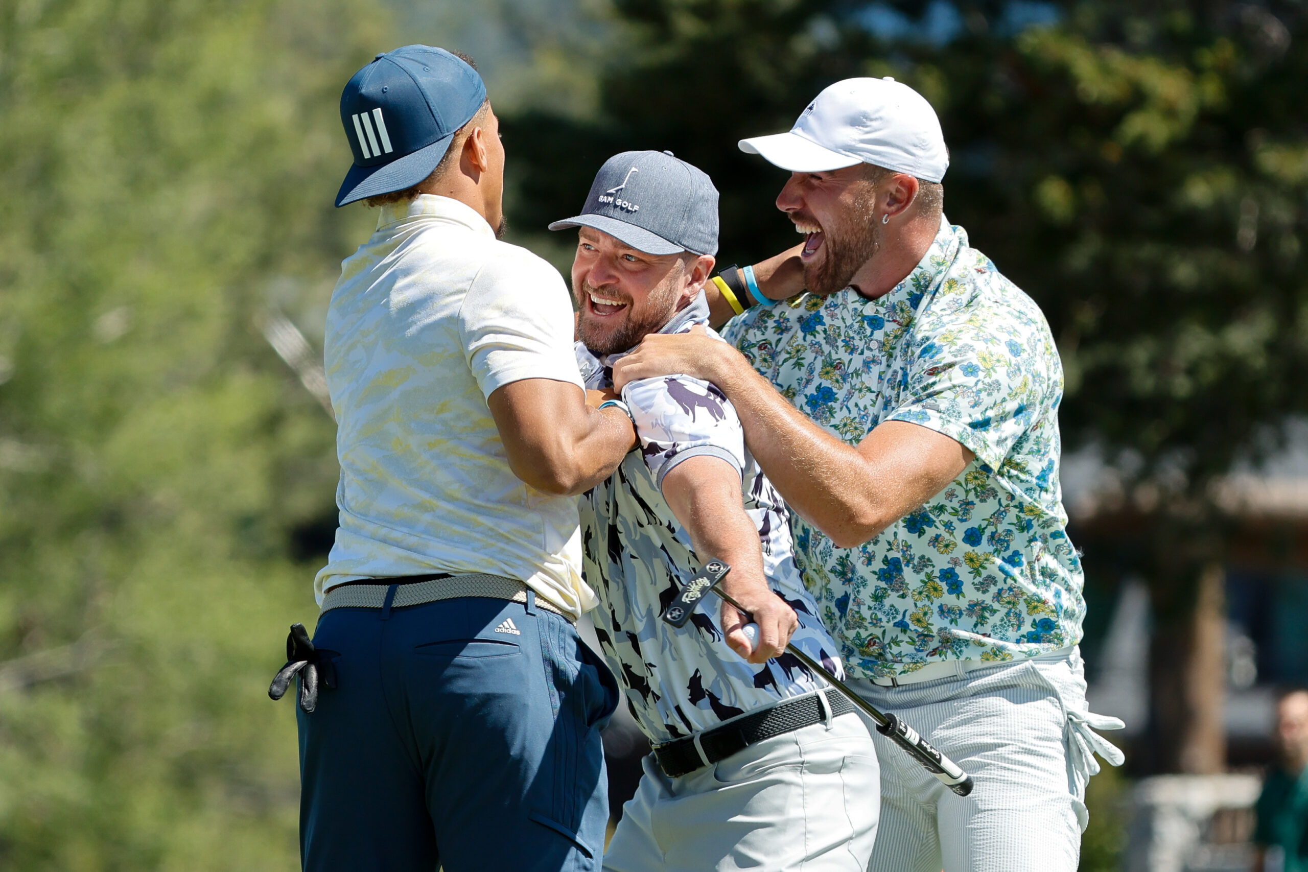 Patrick Mahomes, Justin Timberlake and Travis Kelce golfing in July 2022