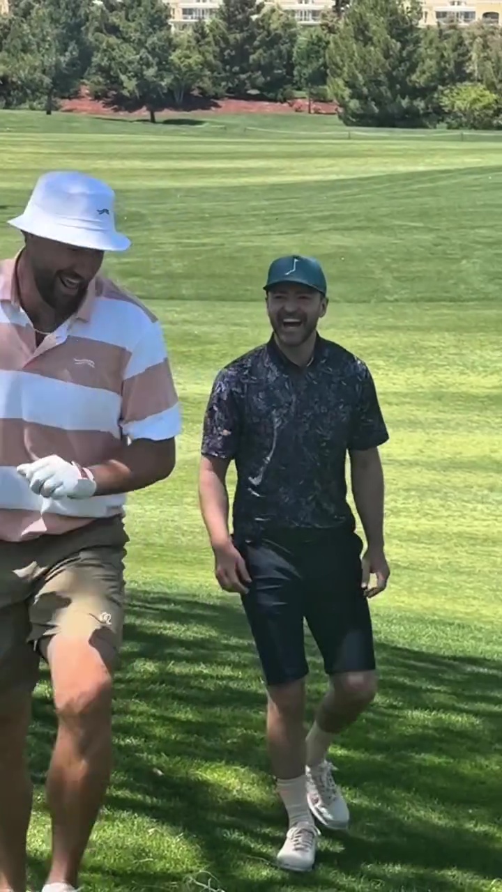 Andrew Santino, Justin Timberlake and Travis Kelce golfing in April 2025
