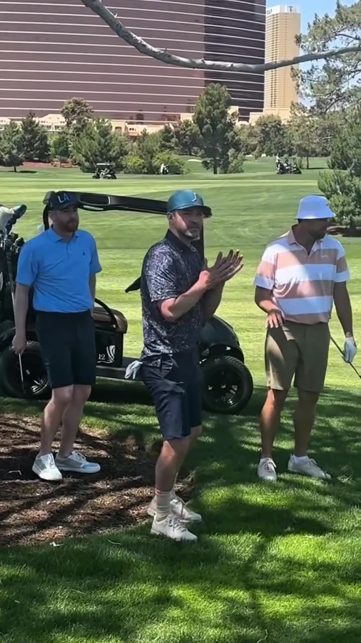 Andrew Santino, Justin Timberlake and Travis Kelce golfing in April 2025
