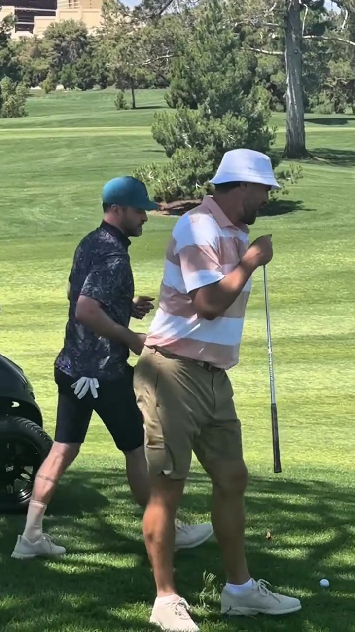 Andrew Santino, Justin Timberlake and Travis Kelce golfing in April 2025