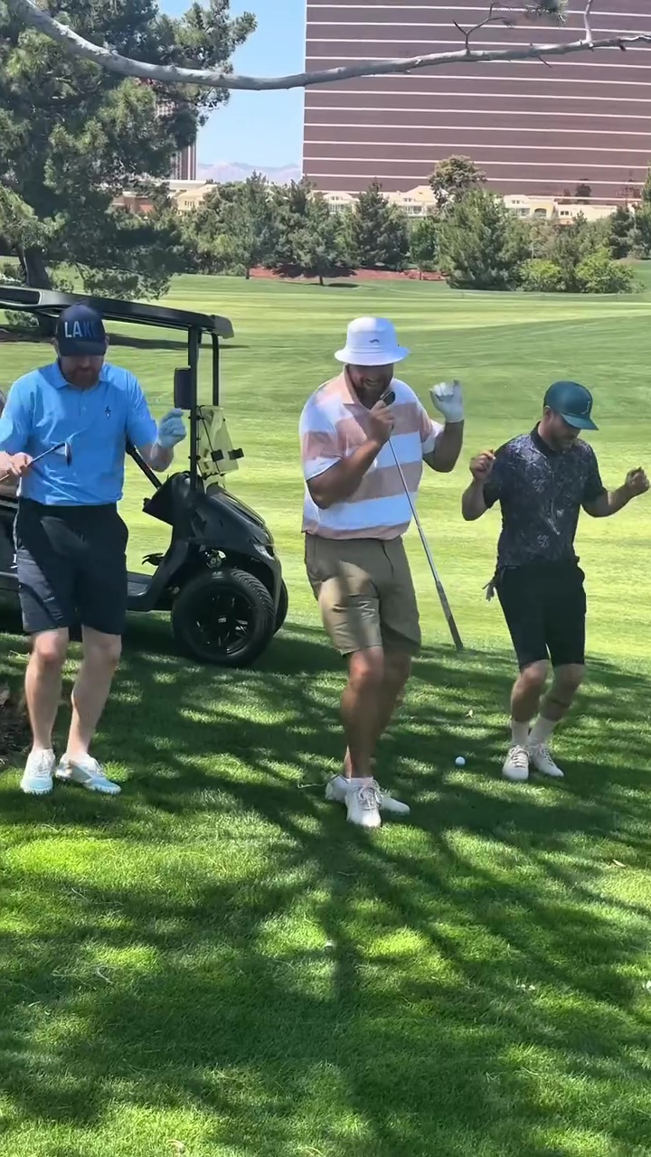 Andrew Santino, Justin Timberlake and Travis Kelce golfing in April 2025