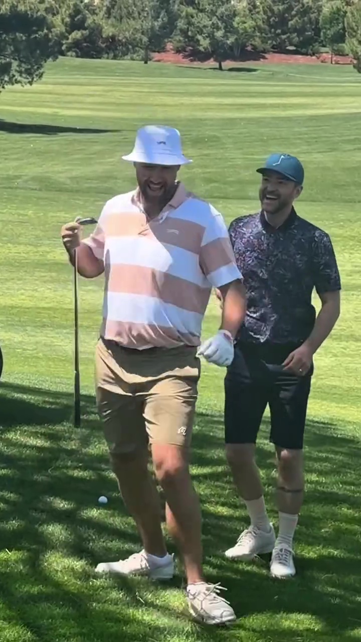 Andrew Santino, Justin Timberlake and Travis Kelce golfing in April 2025