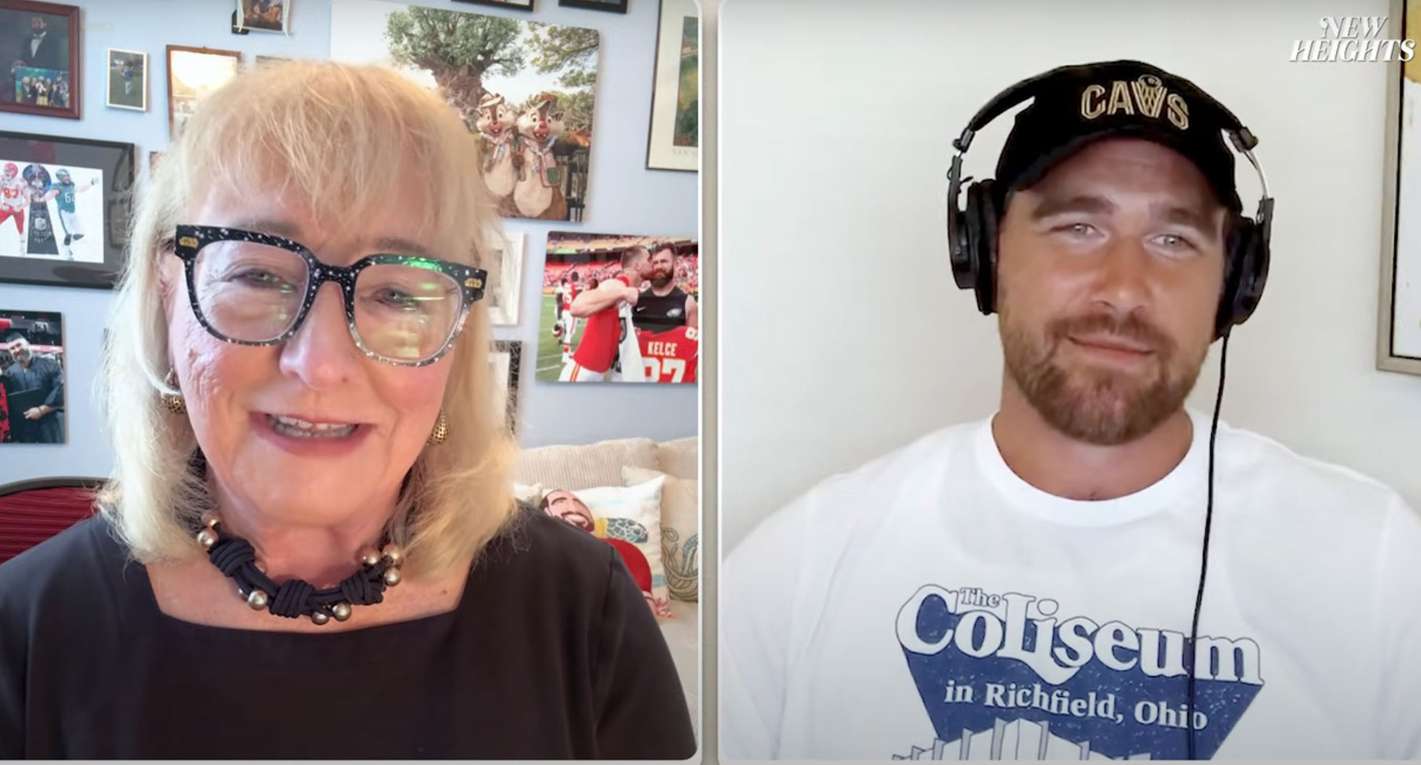 Donna Kelce and Travis Kelce on "New Heights" in May 2025